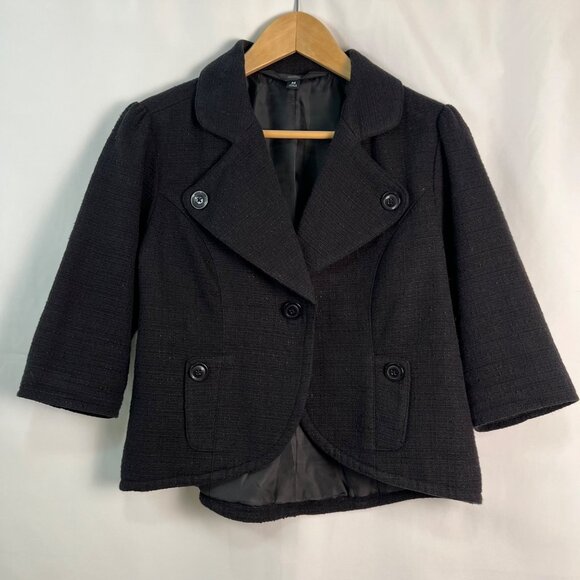 MASSIMO Black Textured Cropped Blazer Jacket With 3/4 Sleeves Medium - Picture 6 of 7